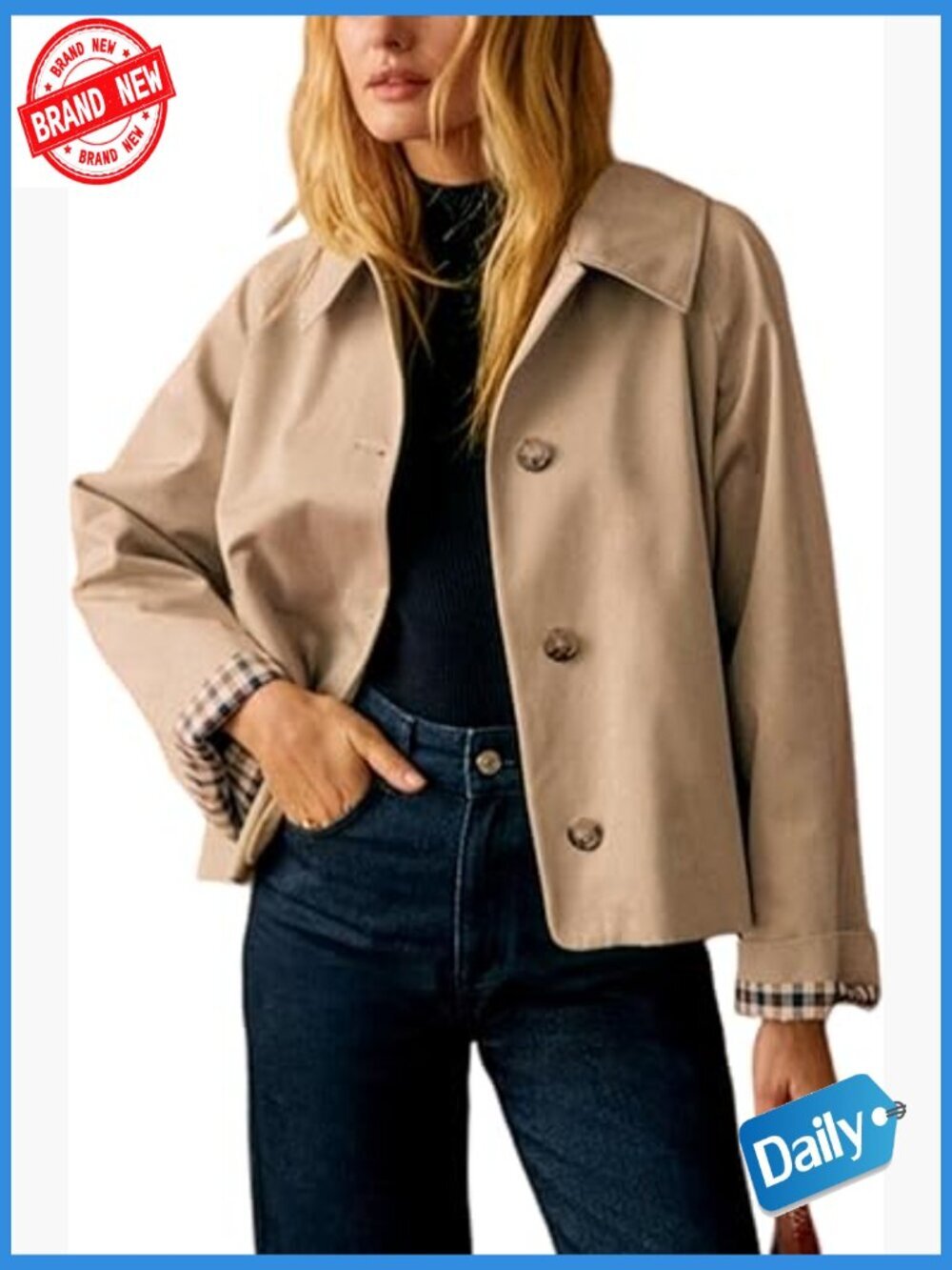 Women Oversize Crop Trench Coat Plaid Lining Lapel Button Down Casual Jacket